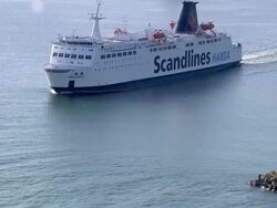 WS AERIAL DS View of ship / RuegenSassnitz, Mecklenburg-Vorpommern, Germany Stock Footage