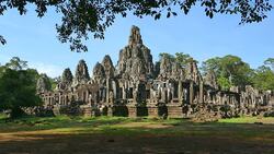 Bayon Temple of Angkor Thom in Cambodia Stock Footage