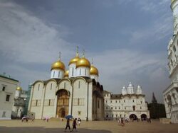 Tourists outside the Dormition Cathedral in the Kremlin Stock Footage