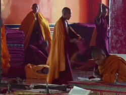 WS Young Buddhist monks praying at Kopan Monastery/ Kathmandu, Central, Nepal Stock Footage
