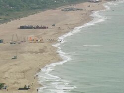 WS AERIAL View of people enjoying on beach at Valras-Plage city / Languedoc Roussillon, France Stock Footage
