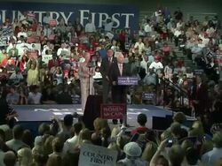 September 16, 2008 WS ZI Republican presidential candidate John McCain speaking at town hall campaign event as his wife Cindy and Florida senator Mel Martinez stand on stage/ Tampa, Florida/ AUDIO Stock Footage