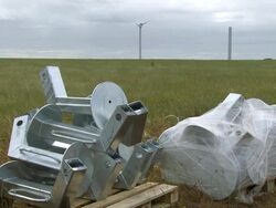 CU Shot of Wind turbine fixtures on ground / Macarthur, Victoria, Australia Stock Footage