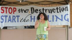 First Nation Canadians speaking at the Healing Walk protest against the tar sands that are devastating their lands and way of life. The tar sands are the largest industrial development on the planet and the world's most environmentally destructive, a disas Stock Footage