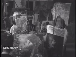 1940: VATICAN CITY: ARTISANS WORKING: INT Mosaic Gallery, Studio w/ male artists working w/ canvases, commissioned work, CU Artist placing tesserae (individual tile) onto painting creating dimensional art. Instructional Video