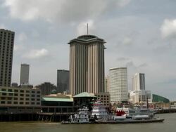 Passing New Orleans dock from river point-of-view Stock Footage