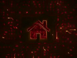 Home icon. Circuit board with electrons. Technology. Loop able. Orange. Stock Footage