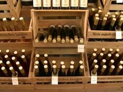  MS TU View of bottles at brandy distillery / Fellerich, Rhineland-Palatinate, Germany  Stock Footage