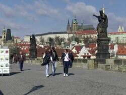 MS People walking on charles bridge / Prague, Hlavni mesto Praha, Czech Republic Stock Footage