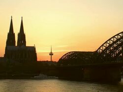 WS View of Hohenzollern Bridge, Rhine and Dom at sunset / Cologne, North Rhine Westphalia, Germany Stock Footage