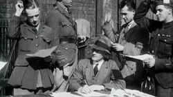 1921 MS The London Scottish reserve regiment taking the oath of service outside the Board of Trade building during negotiations / United Kingdom Stock Footage