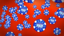 Blue poker chips float through a red background. Stock Footage