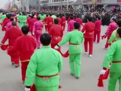 MS TD Villagers performing yangko dance in traditional festive folk celebration or carnival during chinese spring festival  AUDIO  / xi'an, shaanxi, china Stock Footage