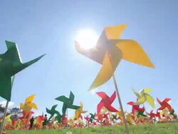 Colorful Wind Turbines in the field,Dolly shot Stock Footage
