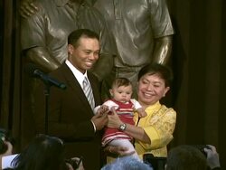 Earl Woods statue dedication and Tiger Woods Fist Pump Challenge launch Stock Footage