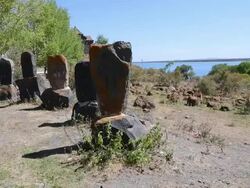 Hayravank monastery, Sevan lake, khachkars in the enrance parking of the church Stock Footage
