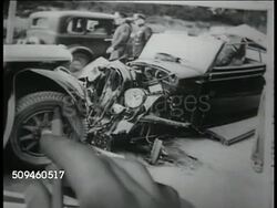 1938: HIGHWAY PATROL TRAINING: Patrolman & sargent in training school library, photo of  totalled car. Patrolman w/ book, CU Book page 'Treatment of Offnders' MS Potrolmen studying together. Instructional Video