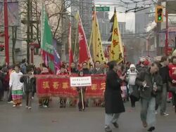 MS Chinese new years parade on street AUDIO / Vancouver, British Columbia, Canada Stock Footage