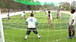 Attacking forward scores on goal in local soccer match (Net POV) Stock Footage