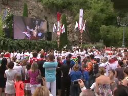 ATMOSPHERE Crowds at the Monaco Royal Wedding: Saint Devote's Church Appearance at Monaco . (Footage by WireImage Video/Getty Images Entertainment Video) Stock Footage
