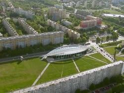 MS AERIAL DS View over building apartments in city / Prague, Czech Republic Stock Footage