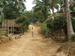 MS SLO MO Shot of primitive village street with child pulling toy with rope man walking towards in back side and farm animals moving around / Village near Luang Prabang, Laos Stock Footage