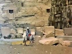 Man rides a donkey past the Pyramids Stock Footage