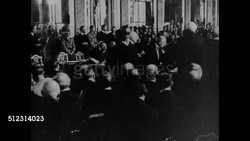 1919: VERSAILLES: HD: Delegates in hallway of Trianon Palace during Treaty of Versailles. MAP: Germany rebordered, Lorraine part of France, Saar Basin highlighted, to be governed by League of Nations.  WWI, end, destruction, division, borders. Instructional Video