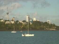 Auckland, New Zealand Glowing Skyline From Bay, Harbor, Harbour Stock Footage