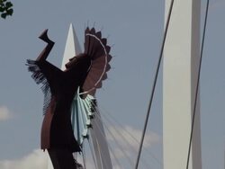 "Keeper of the Plains" native american statue with river and city park Stock Footage