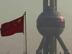 CU, China, Shanghai, Chinese flag at Oriental Pearl Tower Stock Footage