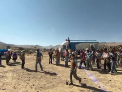 Procession of traditional pipers at spring festival, Cala Cala, Bolivia Stock Footage