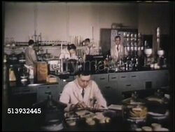 1950: FIRESTONE RESEARCH LABORATORY: COLOR: VS Firestone Research building, people at entrance. INT VS Scientists in lab looking at latex samples, male removing jar of latex from machine, mixing latex w/ chemical in bleaker. Instructional Video
