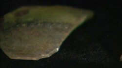 Shards of pottery on a display table rotate in an antiquities storeroom. Stock Footage