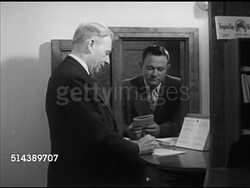 1953: ENTERING A HORSE: Greentree Stable assistant trainer George Poole walking into admin building, to Assistant Racing Secretary Mr. Reeder, entering 3 year old filly 'Hoodwinked' into 5th race. POST POSITIONS: VS Lot drawing, placing pea-pool balls. Instructional Video