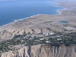 Aerial Kibbutz Ein Gedi and dead sea in the Judea Desert,, Israel, Ein Gedi, Judea Desert Stock Footage