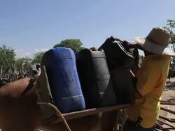 MS POV TS Shot of Man unloading water on horse in little city at Northeast / Pilao Arcado, Bahia, Brazil Stock Footage