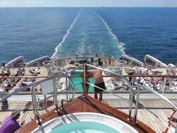 MS POV Shot of People resting and swimming on Cruise ship Queen Mary 2 / Stavanger, Rogaland, Norway Stock Footage