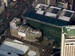 WS AERIAL ZI TS View of Town Hall ( City Administration Building) and Snow scene of City Hall Plaza / Seoul, South Korea Stock Footage