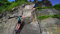 Via Ferrata Shepherd's Bluff in Bohemian Switzerland National Park Stock Footage