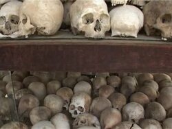 Human Skulls, Cambodia, Khmer Rouge Killing Fields Choeung Ek Stock Footage