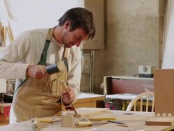  MS woodworker working in shop / Lamy, New Mexico, USA Stock Footage