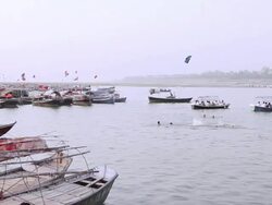 WS PAN View of boats in Ganges River / Allahabad, Uttar Pradesh, India Stock Footage