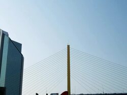 Rama III Bridge with the Kasikorn Bank Building, Bangkok, Thailand Stock Footage