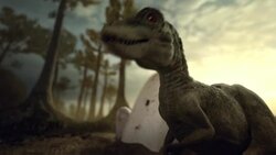 A predator threatens young dinosaurs in a computer generated animation. Stock Footage