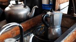 moka pot use coffee maker with hot coffee Stock Footage