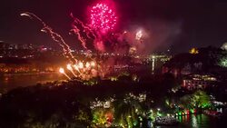Fire work over Guilin sky line /Guilin,China Stock Footage