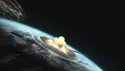 A meteor strikes the earth and sends flames and debris flying and wipes out dinosaurs in a computer generated animation. Stock Footage