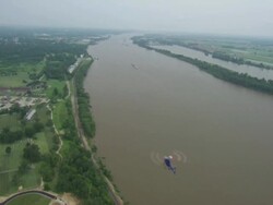 AERIAL WS TS Helicopter moving over Mississippi river / St Louis, Missouri, United States  Stock Footage