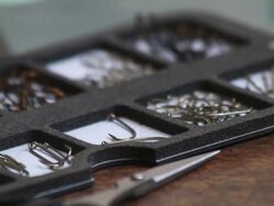 CU Fly fishing hooks / Devon, England, United Kingdom Stock Footage